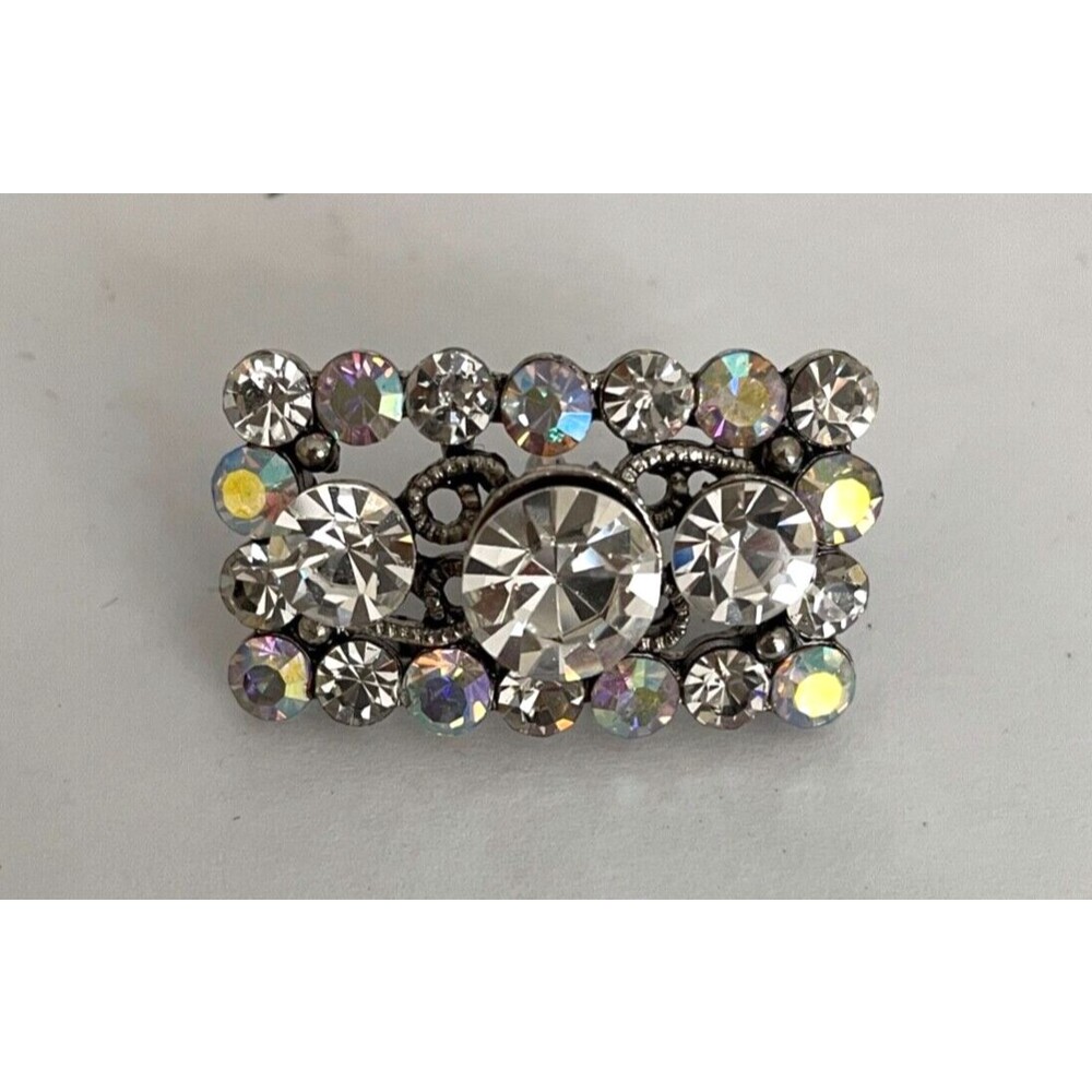 Large Rectangular Button Silver Tone Filagree w/Clear & Iridescent Rhinestones
